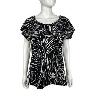 Fred David Stretch Black White Swirled Dot Print Flutter Sleeve Blouse